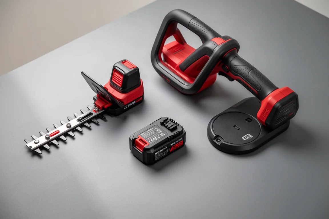 Kit de cortasetos compacta extendido sobre un banco de trabajo con batería y cargador
