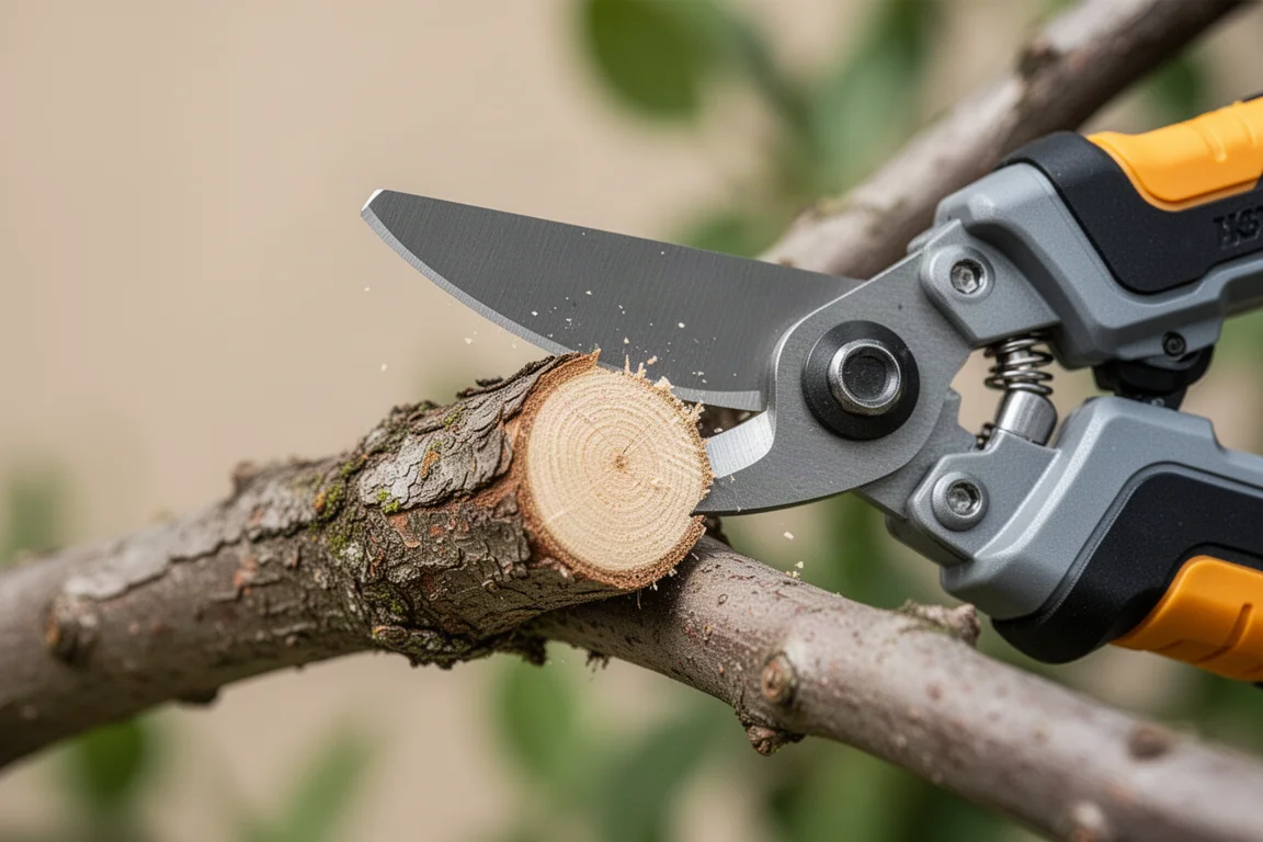 Close-up of pruning shears jaws cutting a thick branch
