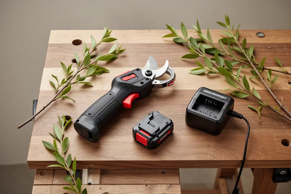 Cordless pruner resting on a workbench next to its battery pack and charger
