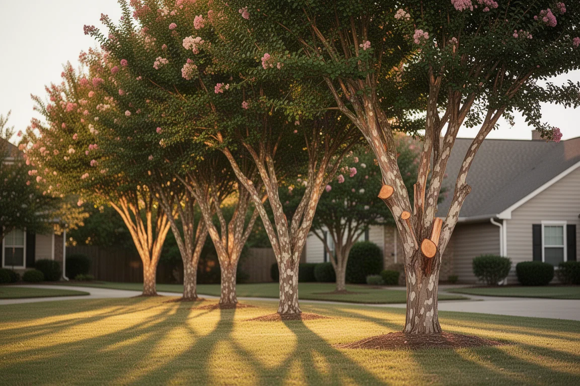 Row of crepe myrtle trees in a residential yard needing trimming