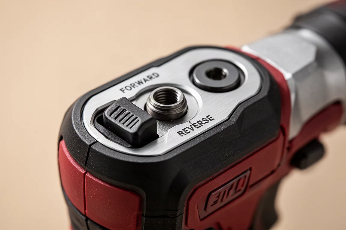 Close-up of a compact cordless ratchet head with a raised forward and reverse shuttle