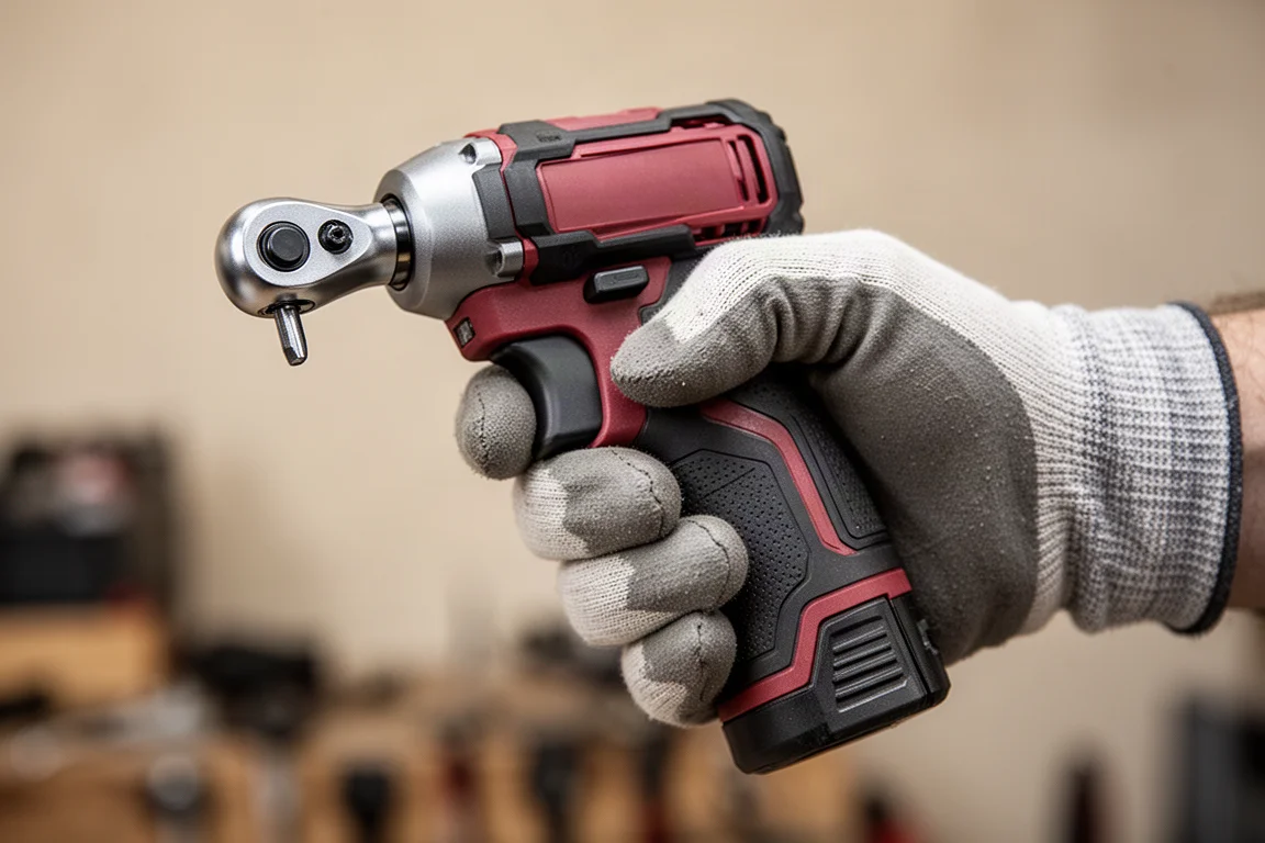 Hand holding a cordless ratchet with a swappable trigger paddle