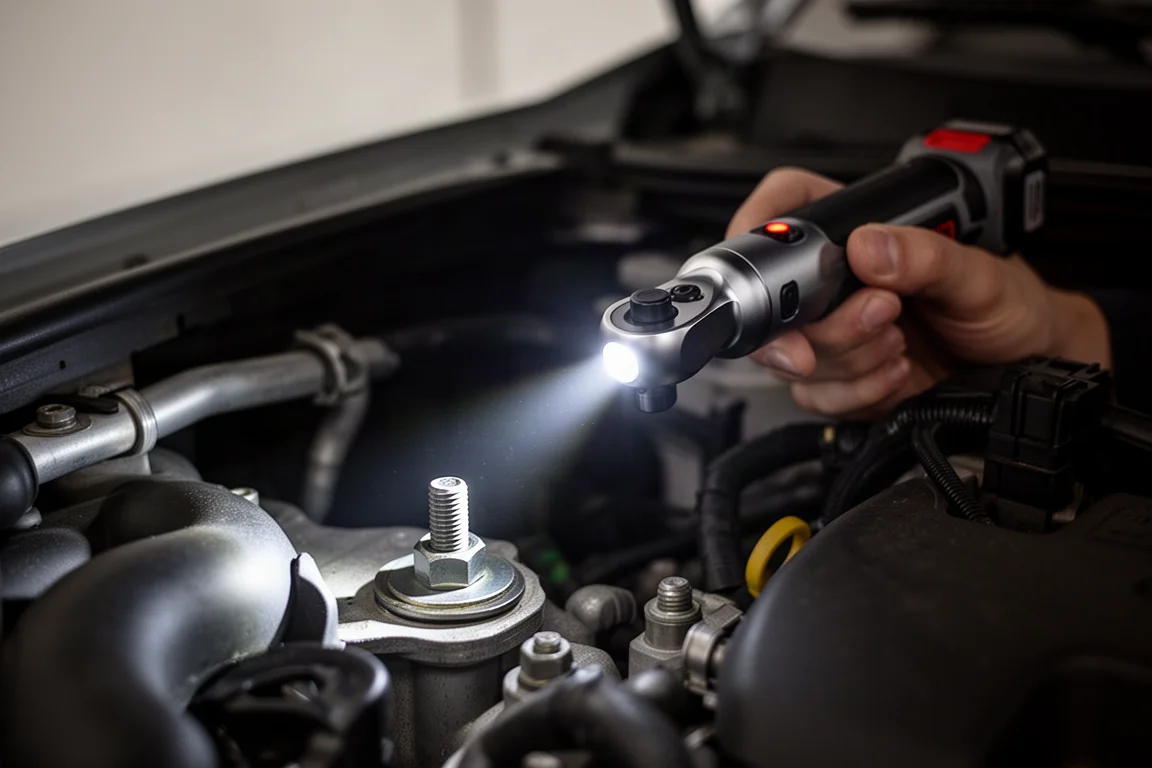 Cordless ratchet with LED light illuminating a fastener in a dark engine bay