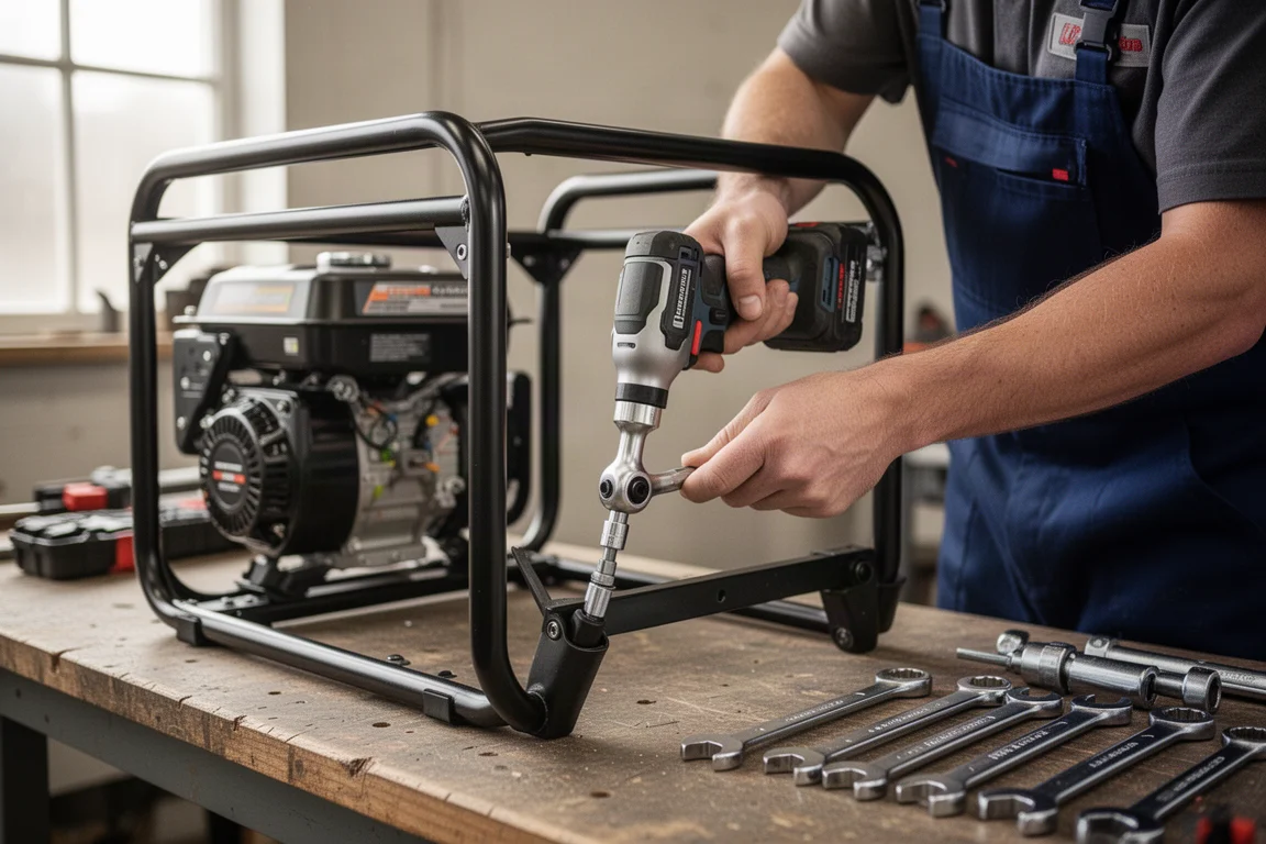 Technician assembling a generator frame with a cordless ratchet and metric sockets