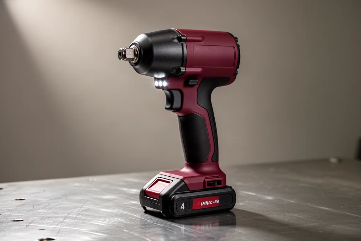 Impact wrench stubby compatto a batteria rosso scuro e nero su una superficie in acciaio