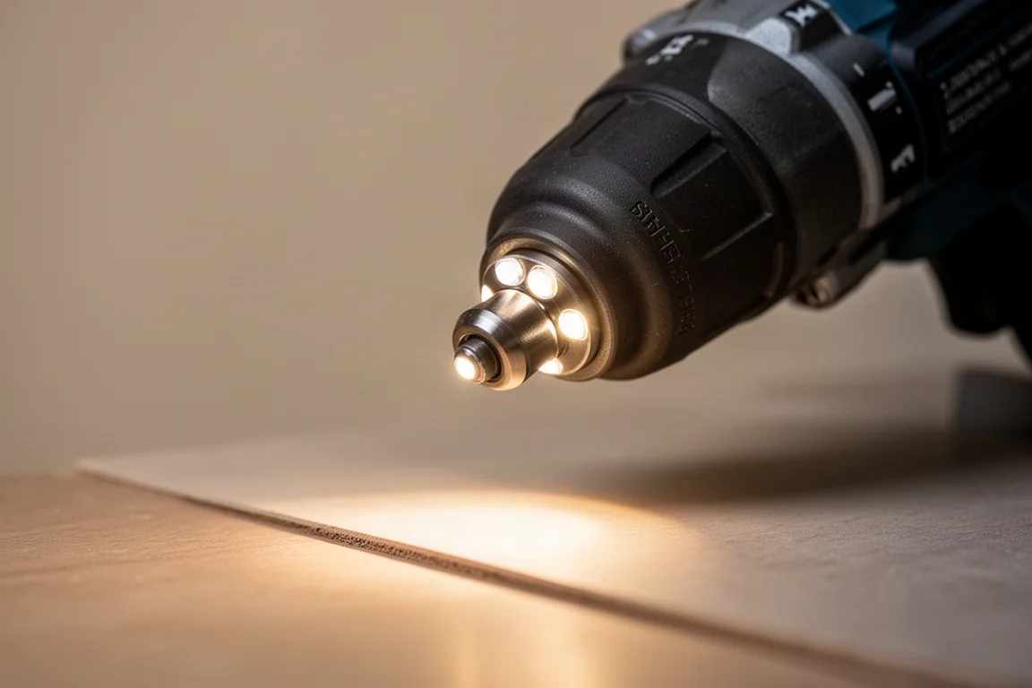 衝擊起子機夾頭周圍的三顆 LED 在工件上投射出無陰影的光線