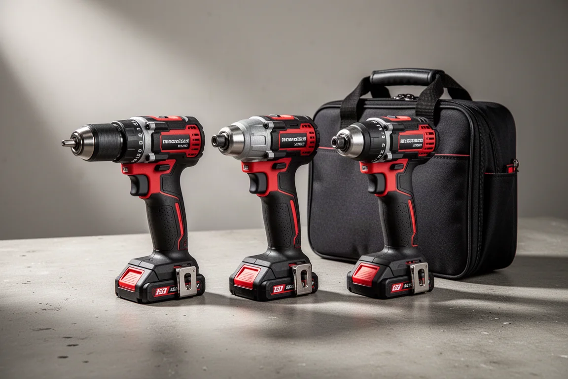 Trapano a percussione, avvitatore a impulsi e custodia Milwaukee M12 FUEL disposti su cemento
