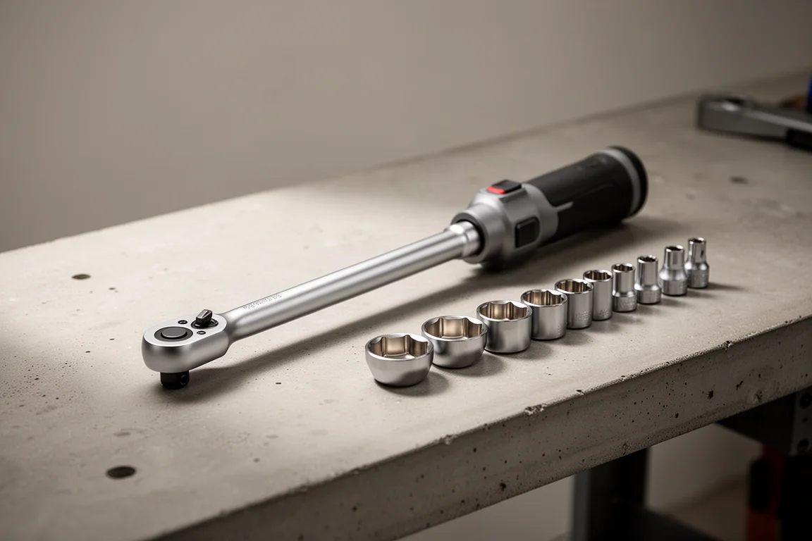 Cordless extended-reach ratchet resting on a workshop bench beside shallow sockets