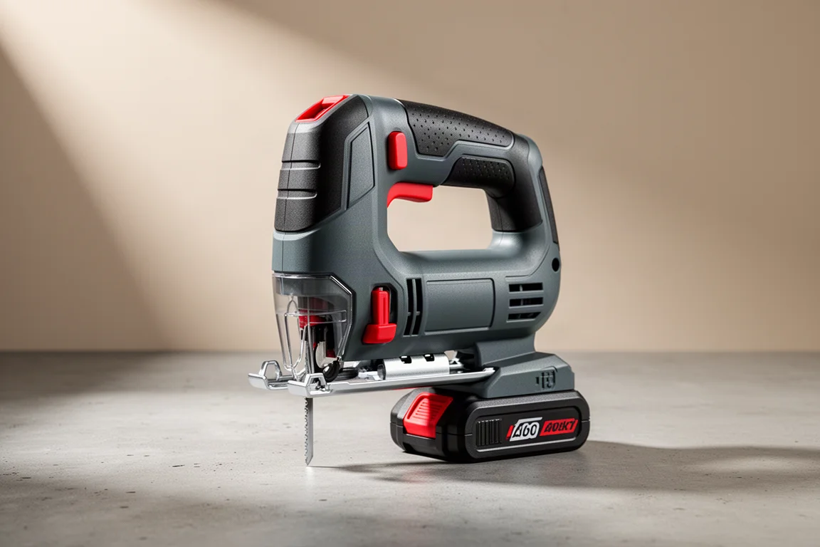 Compact cordless barrel grip jigsaw on a concrete surface