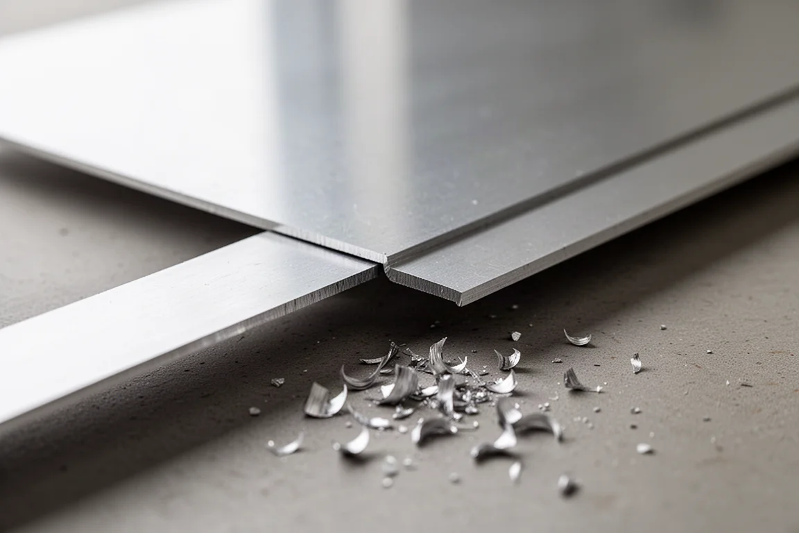 Blech mit sauberer Schnittlinie und kleinen halbmondförmigen Metallspänen in der Nähe