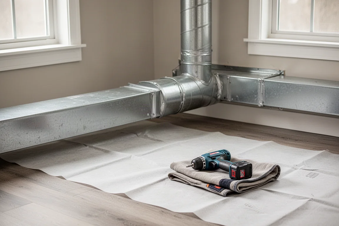 HVAC-Techniker arbeitet in einem bewohnten Haus mit ordentlich sortiertem Werkzeug