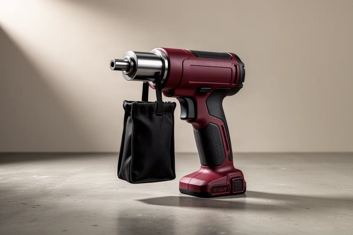 Milwaukee M12 Fuel Nibbler cordless metal cutting tool with fabric chip collection bag on concrete
