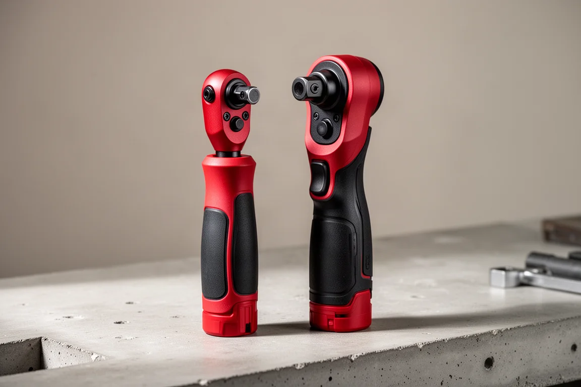 Two compact cordless ratchet wrenches in red and black standing on a concrete workbench
