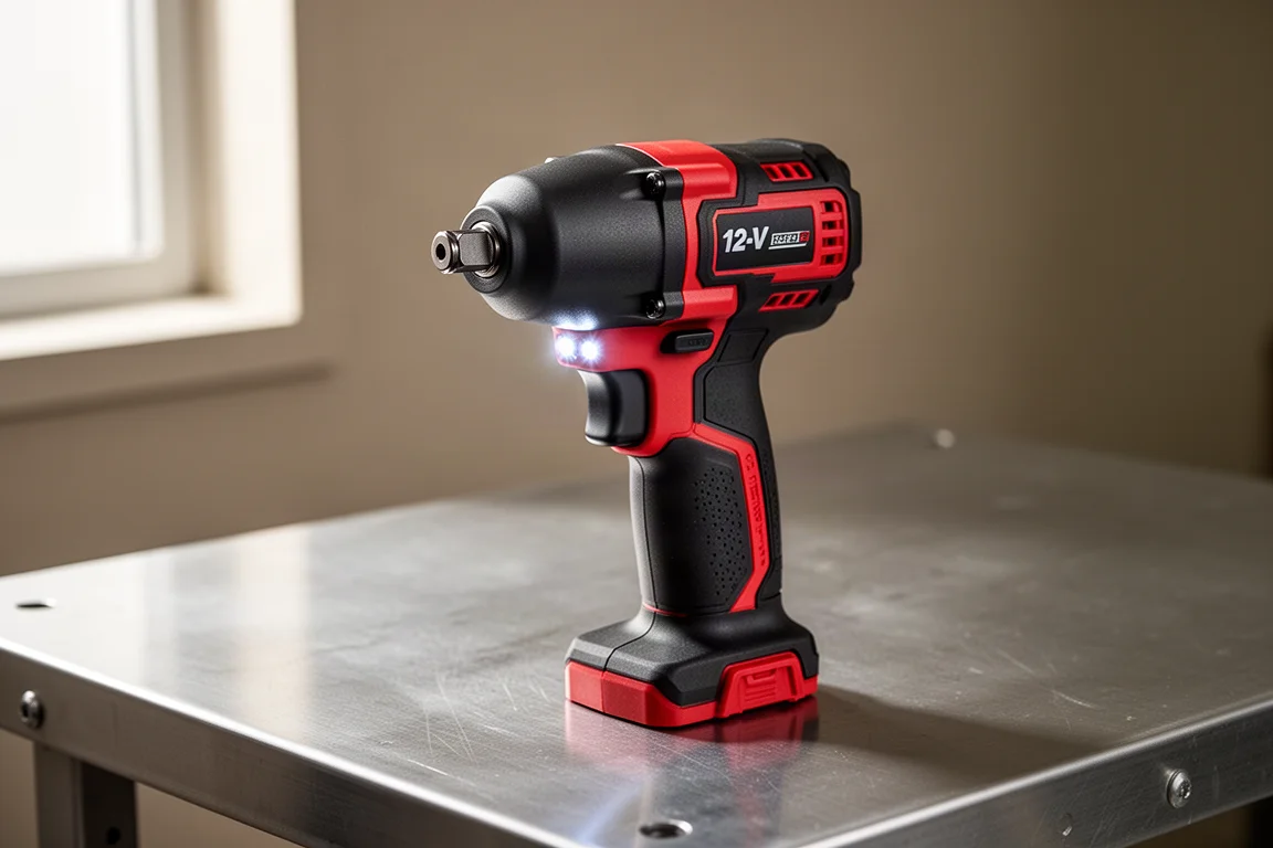 Compact Milwaukee M12 Fuel Stubby 3/8 in impact wrench on a brushed aluminium workbench