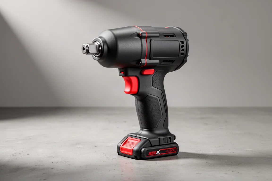 Compact cordless stubby impact wrench in black and red on concrete surface