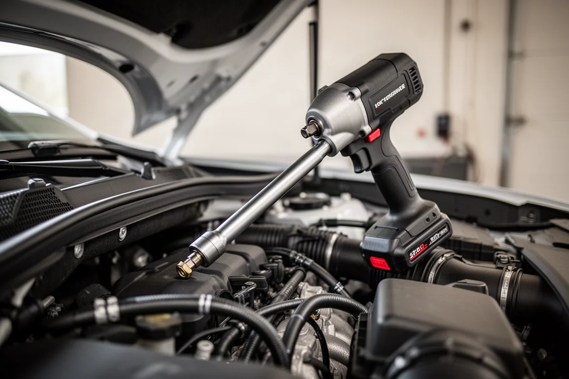 Schlanke Subcompact Impact Wrench erreicht eine Verschraubung tief in einem engen Motorraum