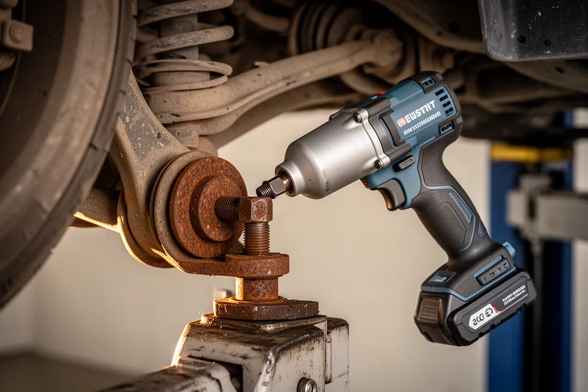 Kompakte Stubby Impact Wrench löst eine angerostete Schraube an einem Fahrwerksbauteil