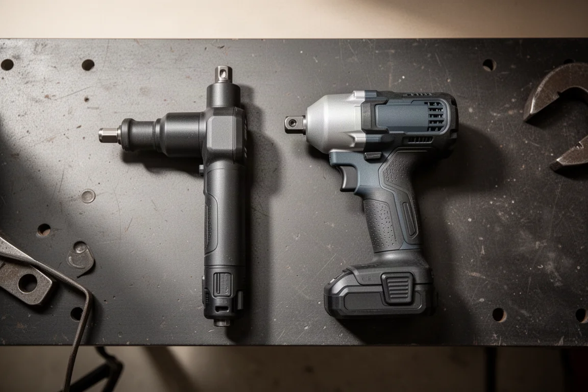 Zwei Impact Wrenches nebeneinander auf der Werkbank zum Größenvergleich