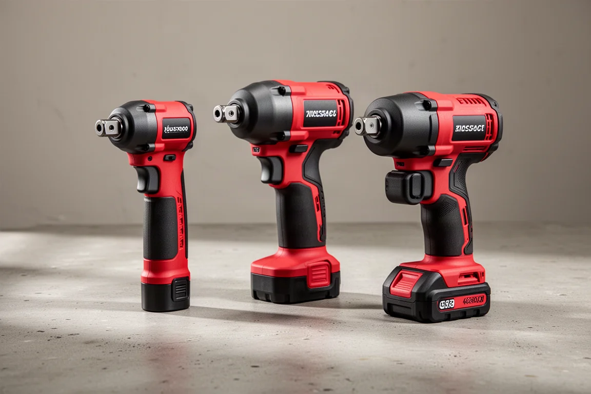 Two slim subcompact impact wrenches and a chunky stubby impact wrench on concrete