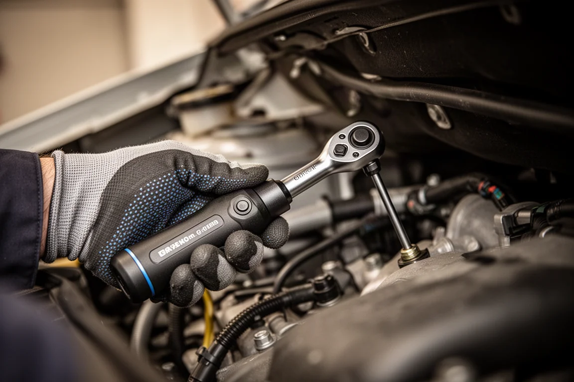 Behandschuhte Hand eines Mechanikers hält eine Ratsche in einem engen Motorraum
