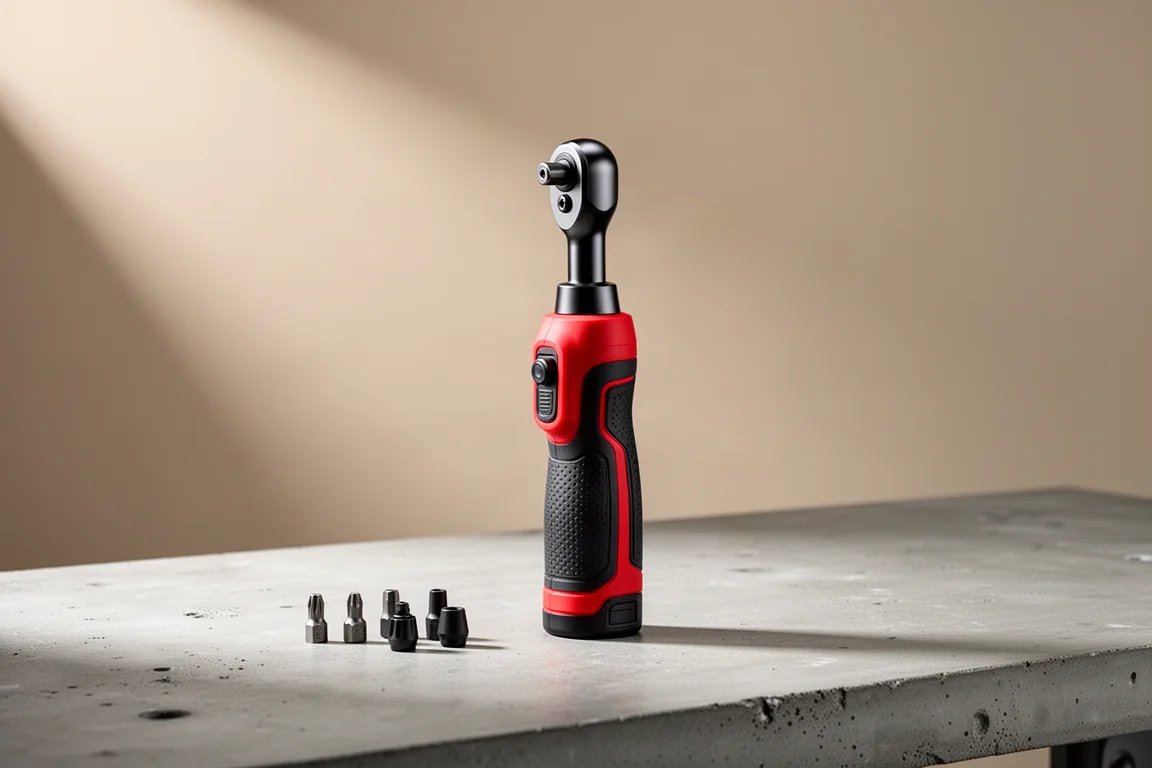 Ratchet a batteria compatto con calotte per il grilletto intercambiabili su un banco di lavoro