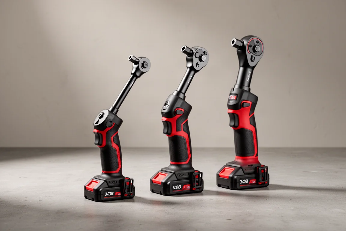 Three Milwaukee M12 Gen 3 extended reach ratchets of increasing size on a concrete surface