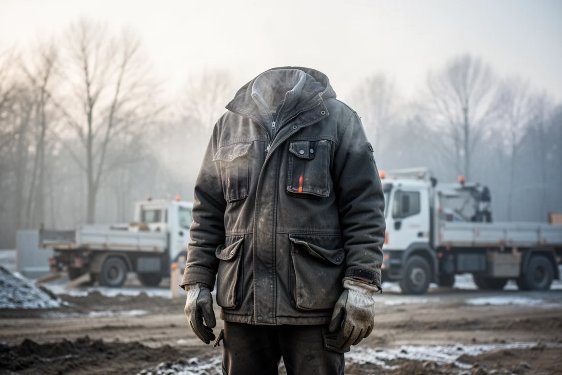 Worker outdoors on a cold job site in early morning light, breath visible in cold air