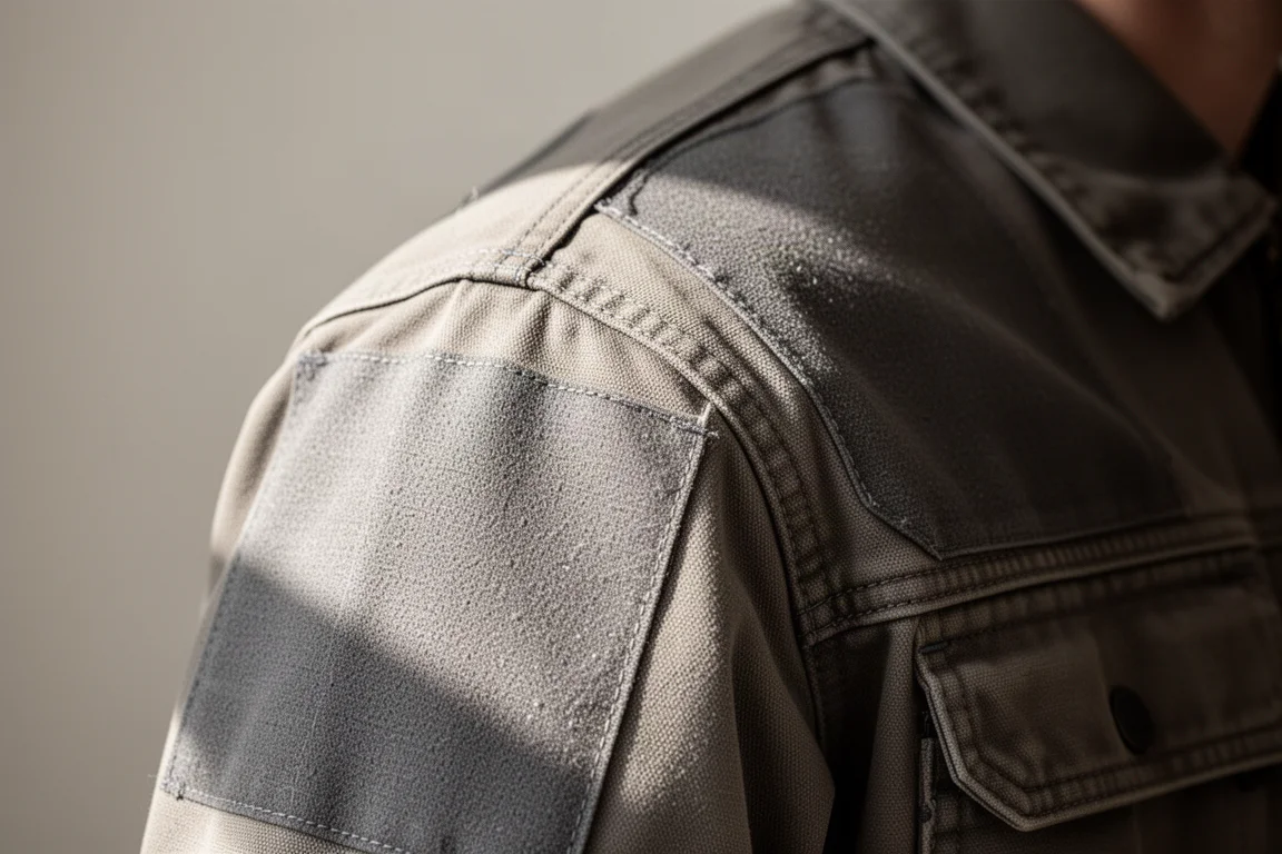 Close-up of abrasion-resistant fabric panels on the shoulders and sleeves of a work jacket