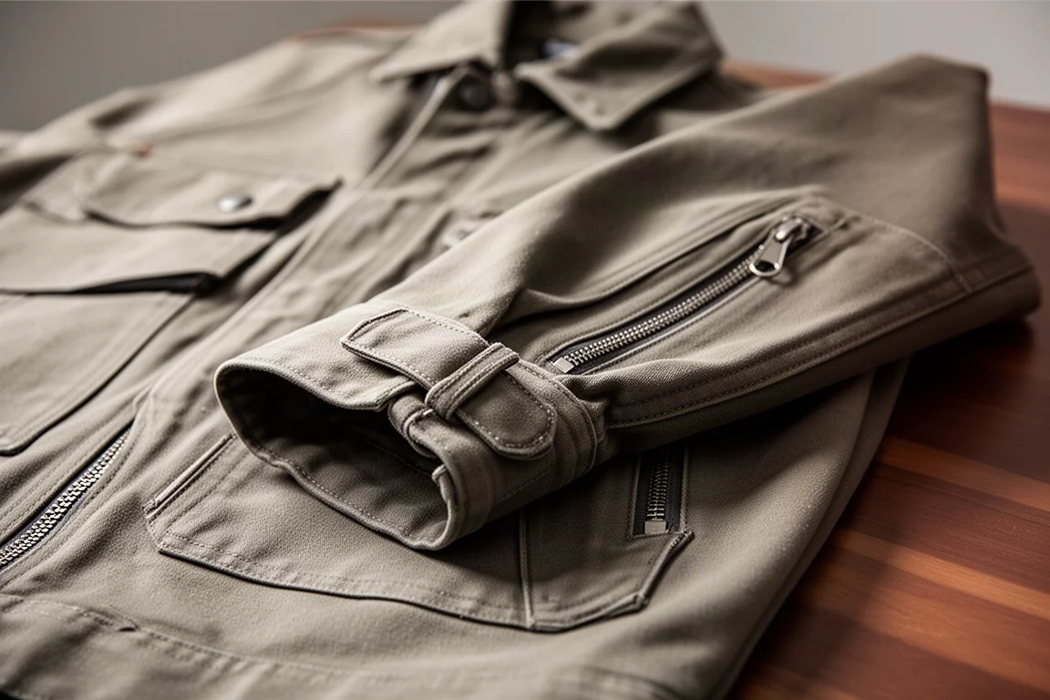 Close-up of a jacket sleeve with an adjustable wrist cuff and zippered hand pocket
