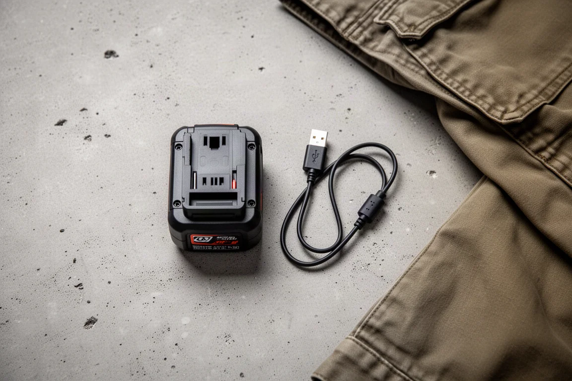Rechargeable battery pack and USB charging cable laid out on a concrete workshop surface