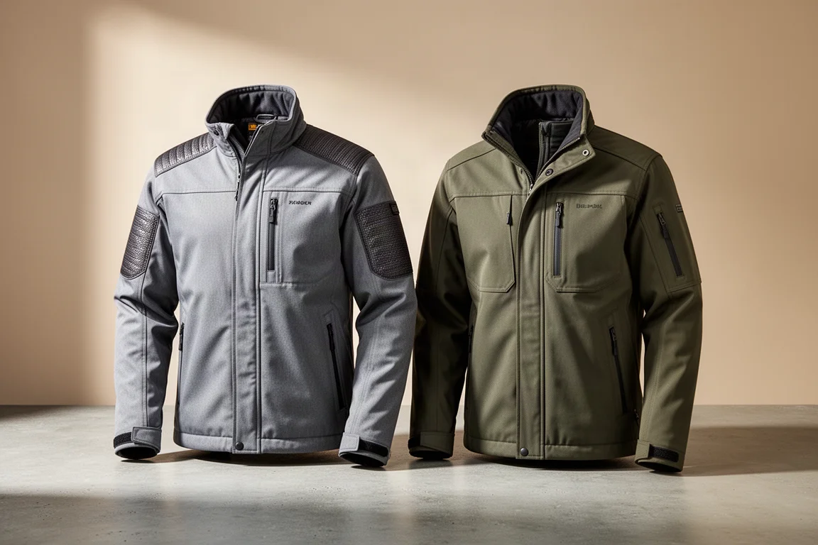 Two Milwaukee M12 heated jackets displayed side by side on a concrete surface