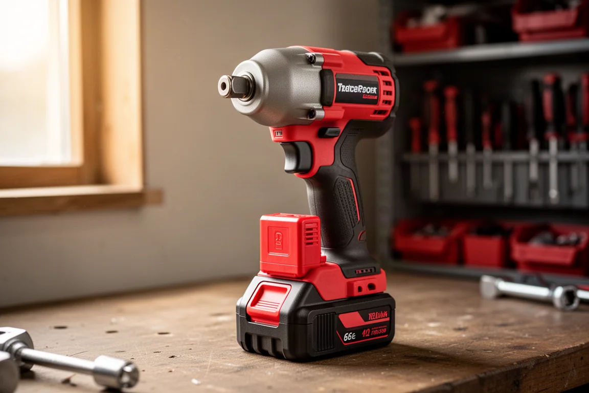 Compact M12 battery pack mounted on a cordless impact wrench on a workshop bench