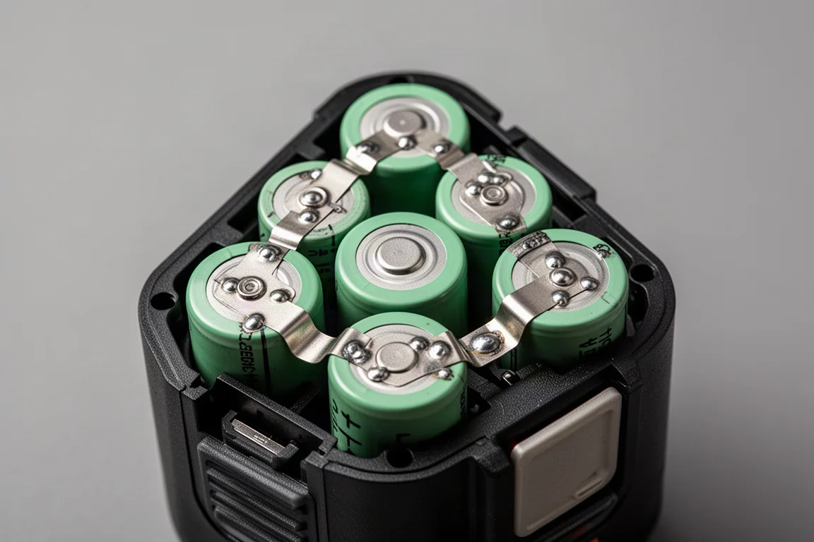 Close-up of lithium battery cells and nickel connection strips inside an opened battery pack