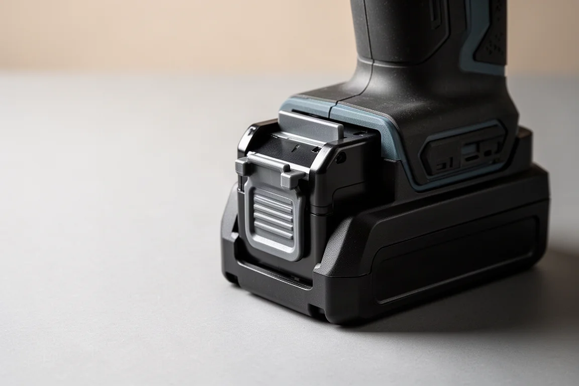 Battery pack sliding into a tool, showing the lock tabs aligning with the tool base