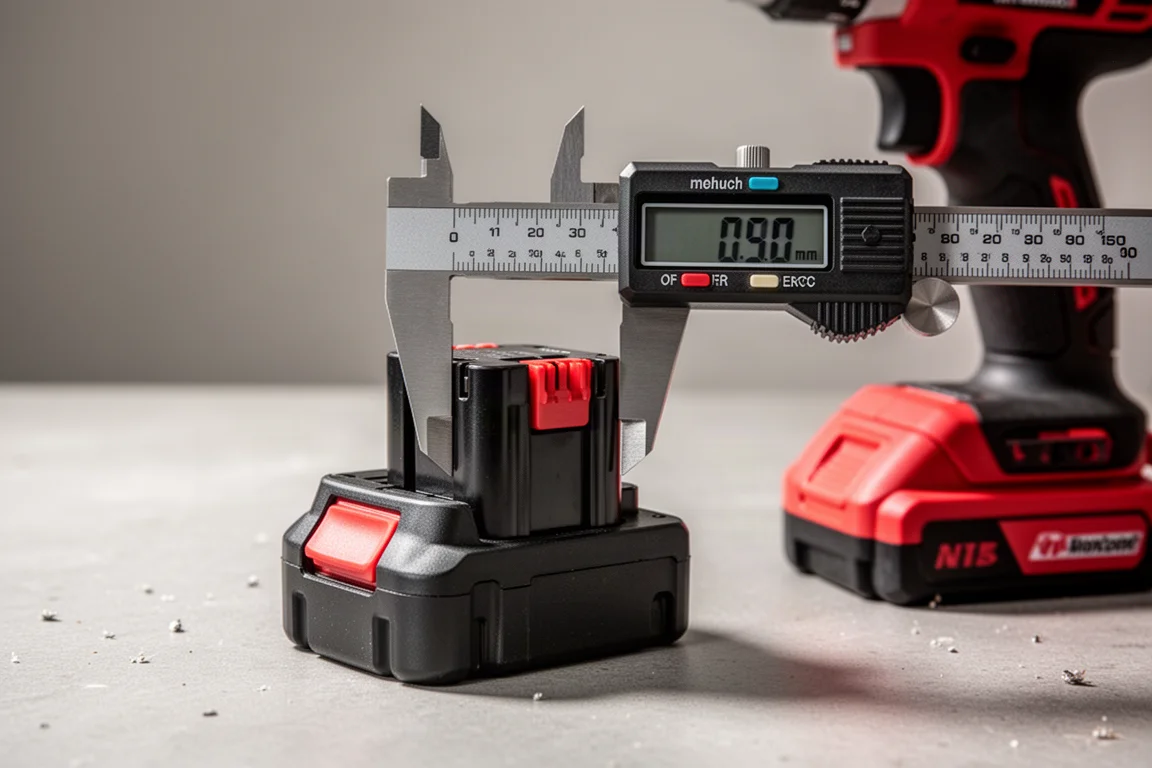 Battery pack tested in and out of a tool with calipers measuring the lock tab width