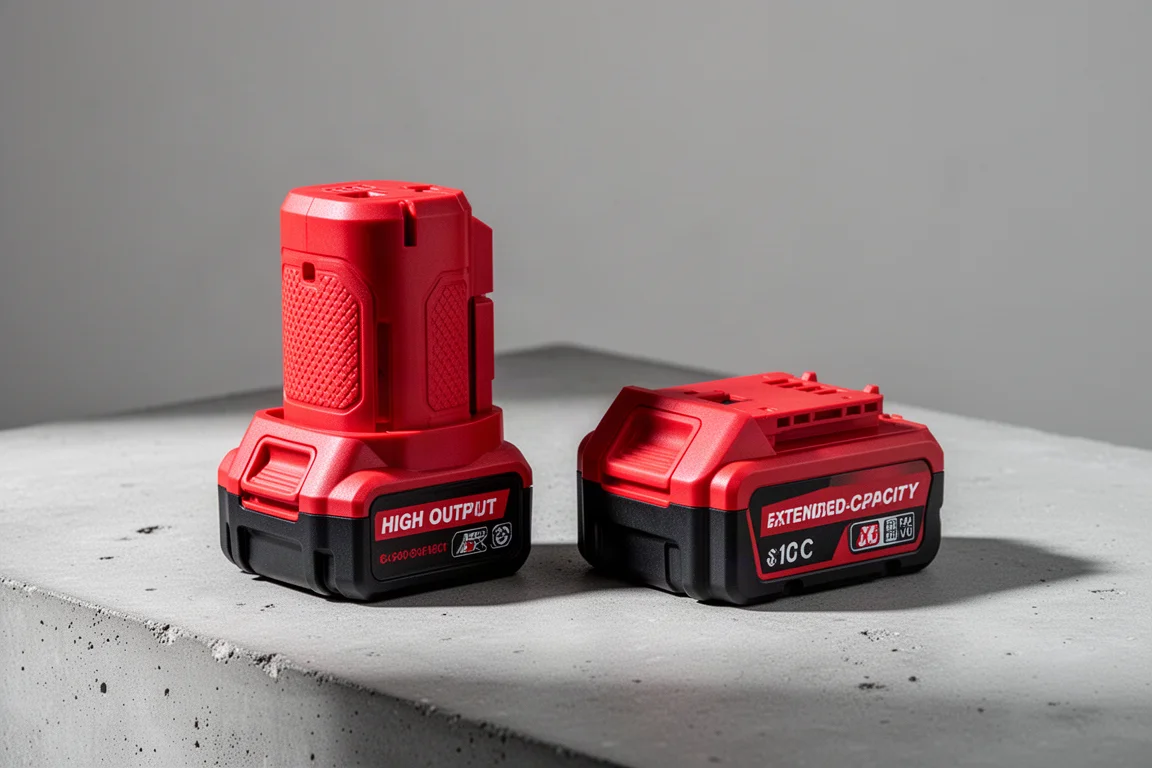 Due batterie M12 compatte affiancate su una superficie di cemento