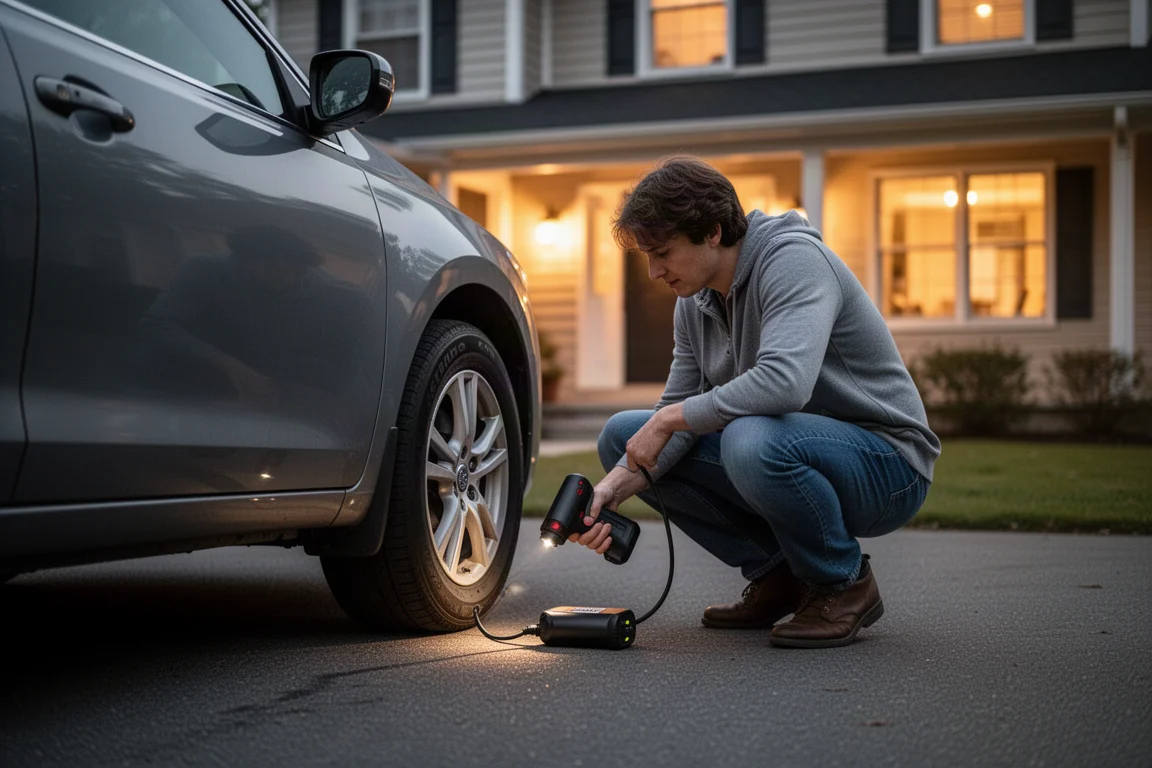 Un automobilista controlla la pressione degli pneumatici nel vialetto di casa al tramonto