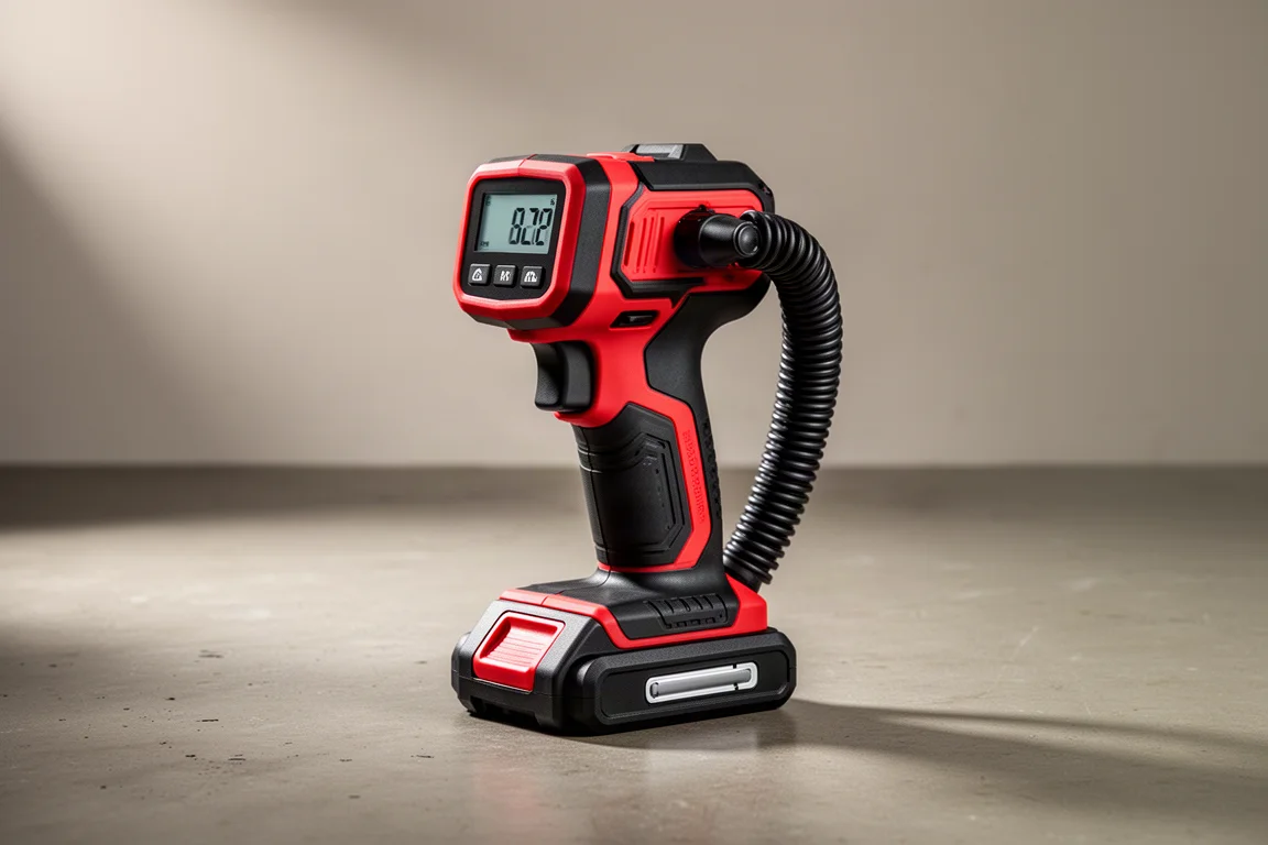 Compact red and black cordless inflator with digital display on concrete floor