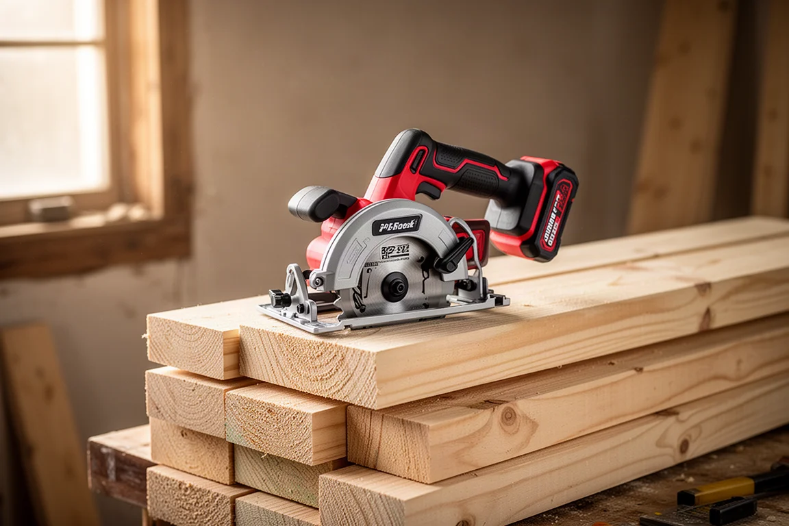 Sierra circular a batería compacta apoyada sobre madera de estructura apilada en un taller