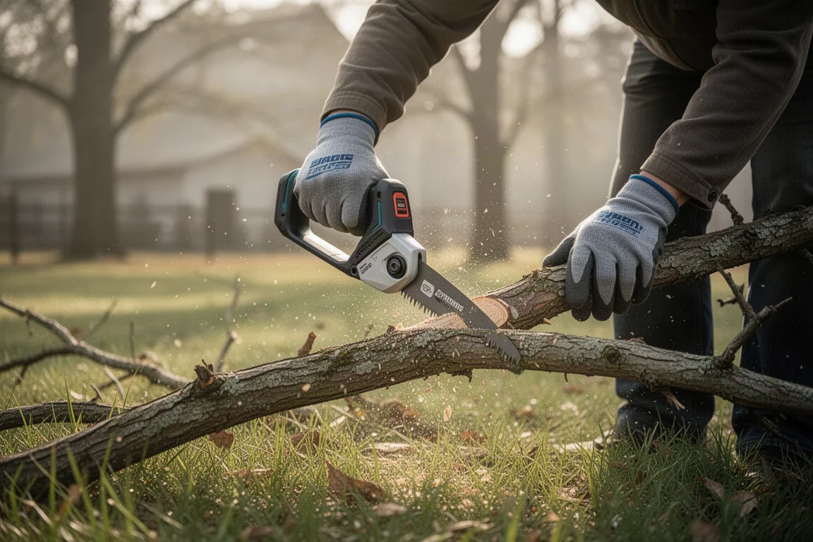Persoon die een gevallen tak snoeit met een compacte accuzaag in de tuin
