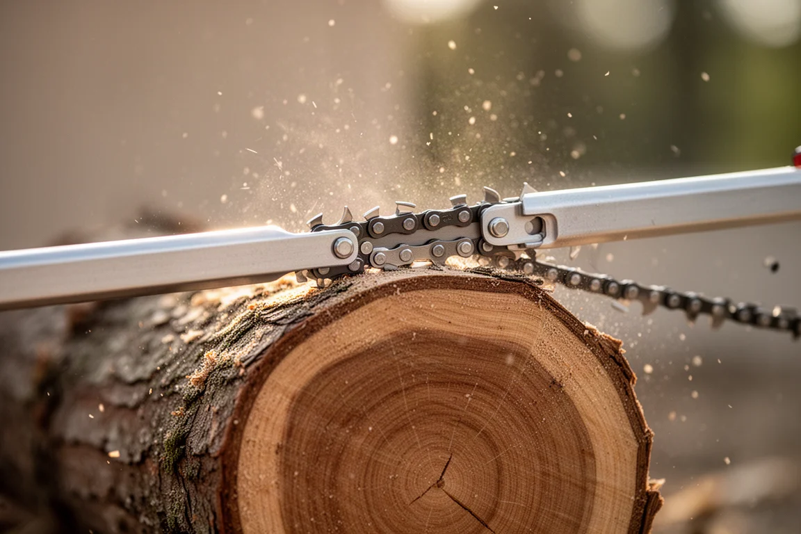 Close-up van een klein zaagblad dat dik hout insnijdt, terwijl zaagsel opspat