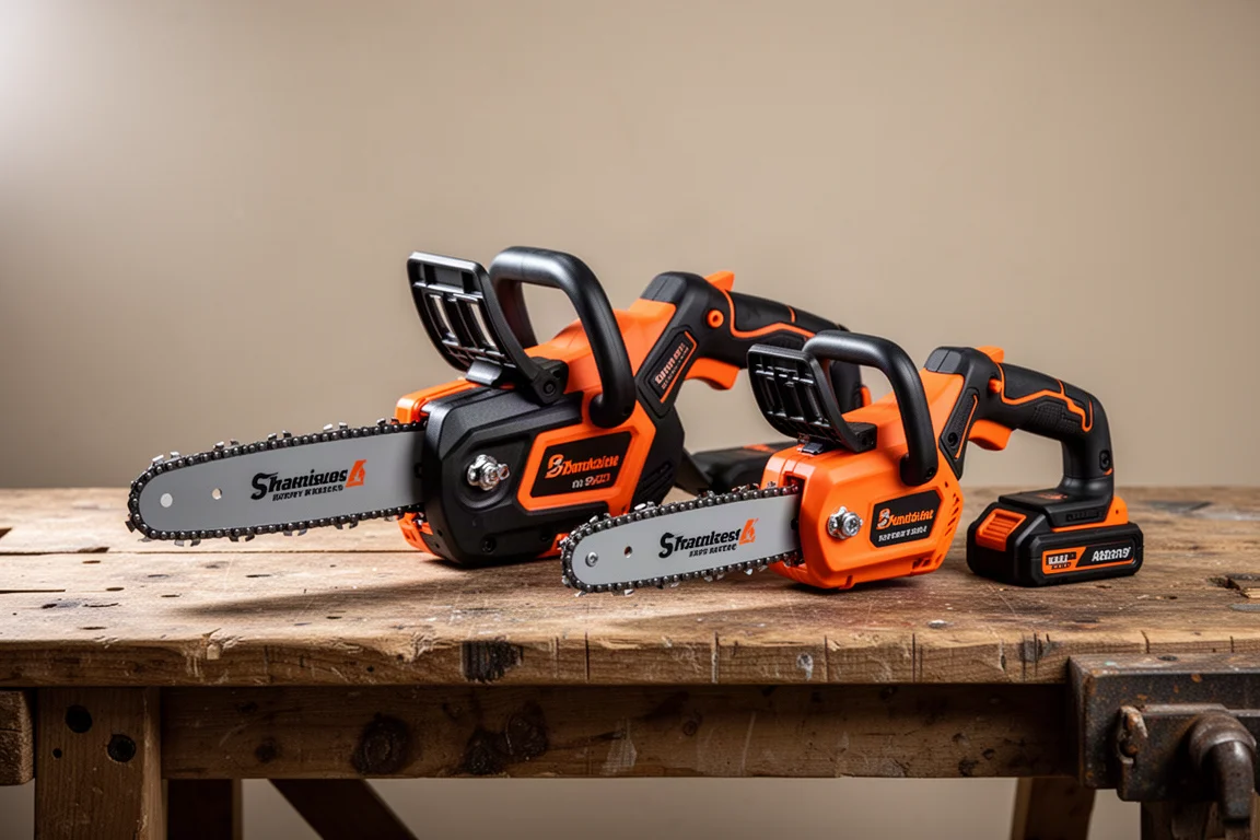 Motoseghe da potatura Milwaukee M18 e M12 Hatchet affiancate su una panca di lavoro in legno