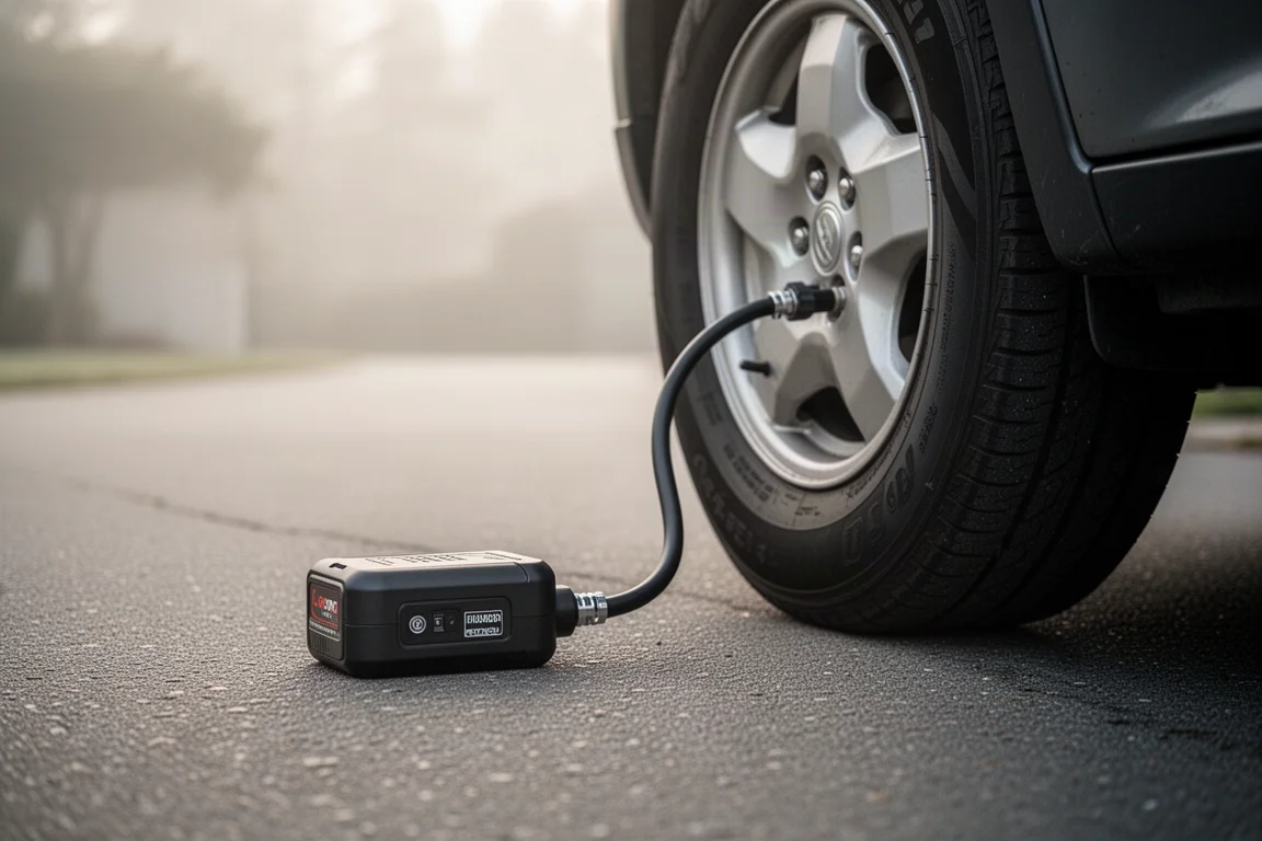 Compact cordless inflator connected to a vehicle tire in a driveway