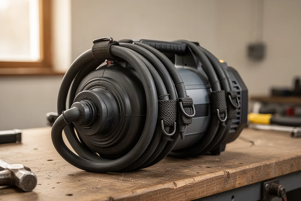 Inflation hose wrapped neatly around an inflator body