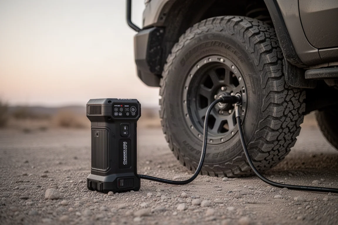 Larger inflator topped off a truck tire on gravel