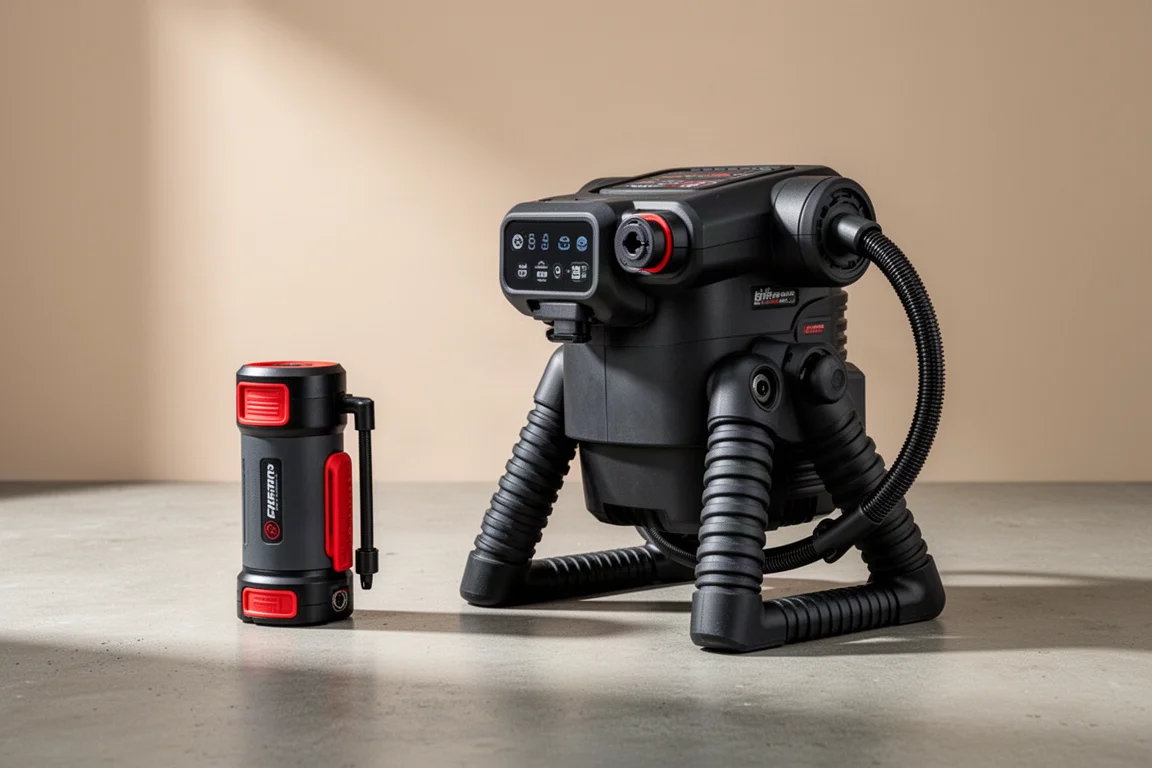 Gonfiatori cordless Milwaukee M12 e M18 affiancati su una superficie di cemento