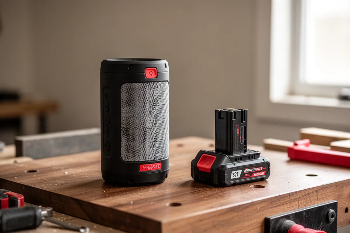 Kompaktowy cylindryczny głośnik Bluetooth na warsztatowym blacie z akumulatorem M12 obok