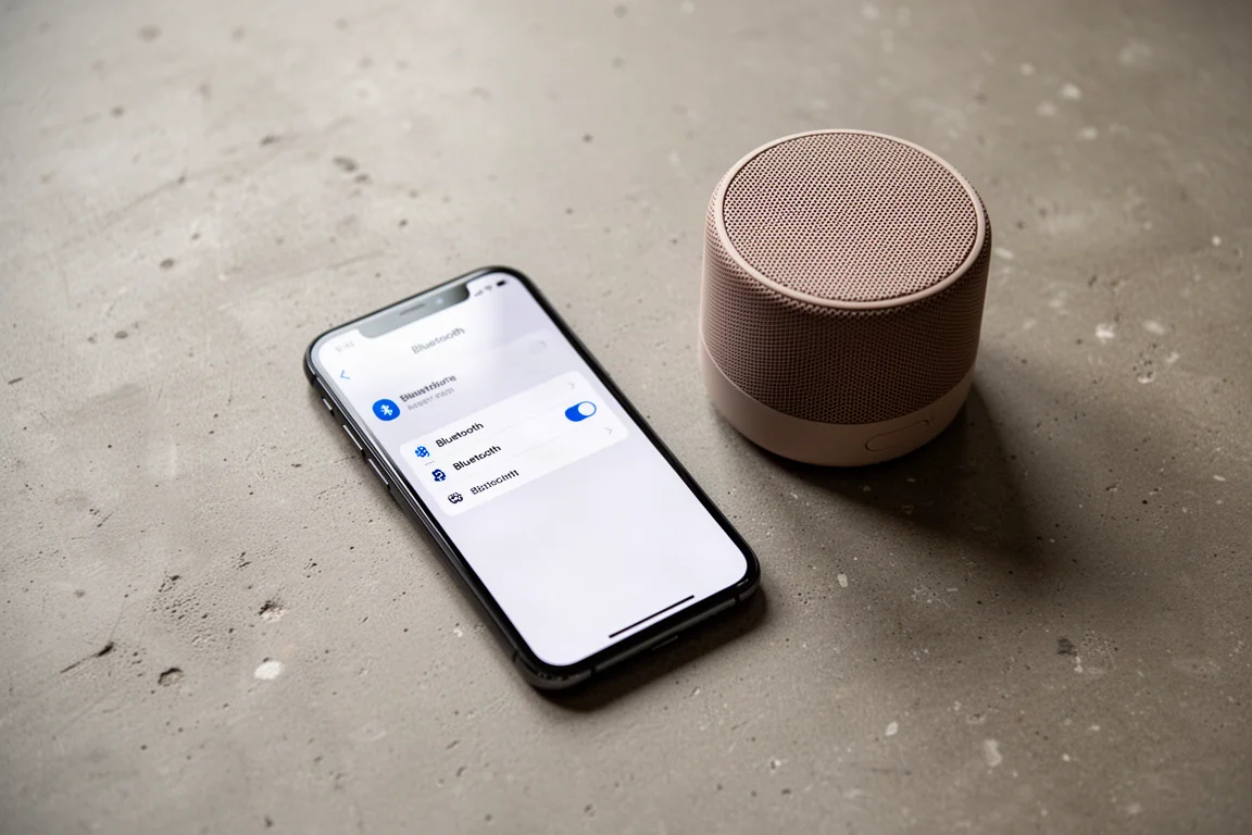 Ekran telefonu pokazujący parowanie Bluetooth z głośnikiem budowlanym w warsztacie