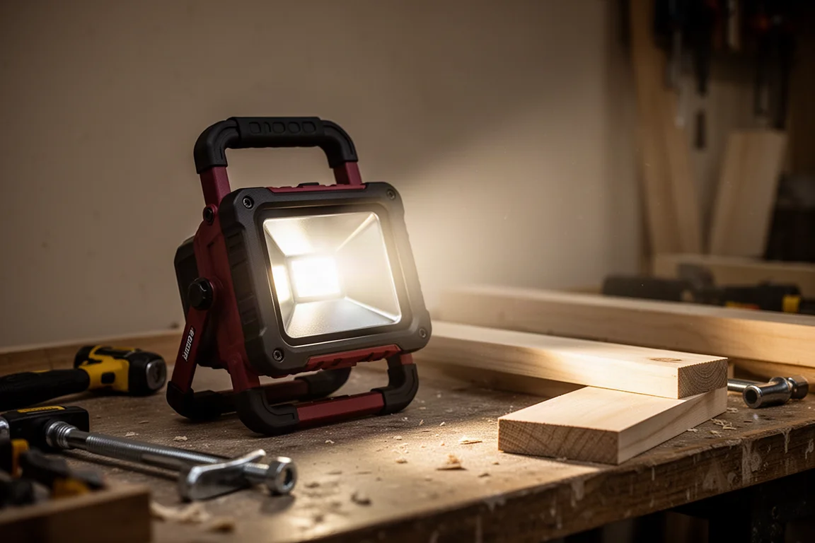 Przenośna lampa robocza świecąca na ciemnym stole warsztatowym na budowie