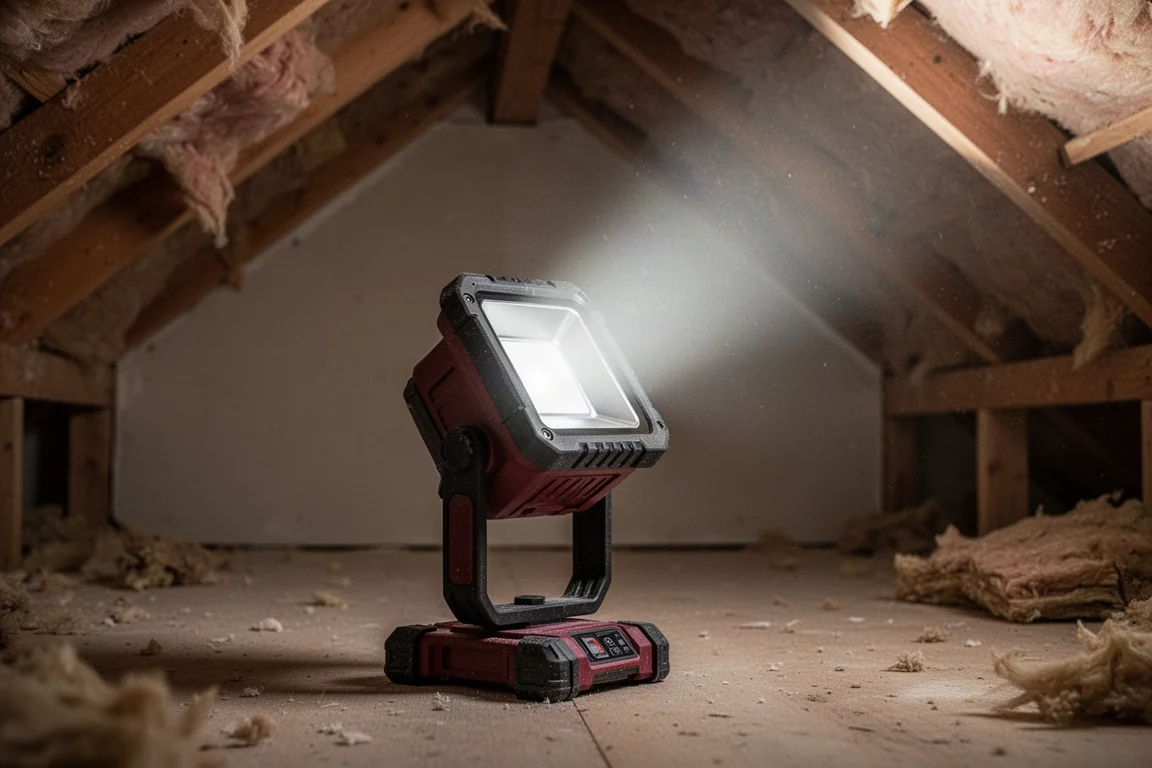 Lampa skierowana do góry na swojej podstawie w niedokończonym strychu
